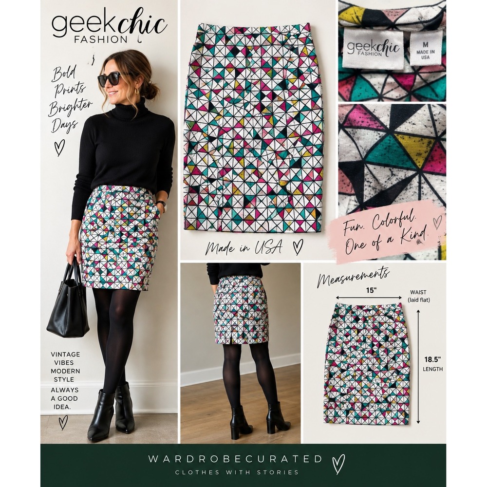 Geek Chic Fashion Geometric Triangle Print Pencil Skirt M Retro Mod Made USA